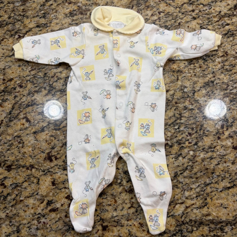 Vintage Carters Baby 0-3M Mouse Print Footed Yellow White Snap Front‎ Pajama